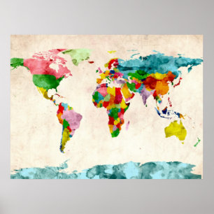 Weltkarte Wasserfarben Poster