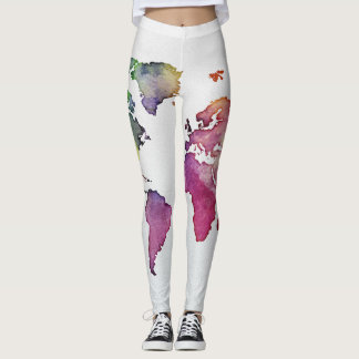 Weltkarten-Leggingsweißer MehrfarbenWatercolor Leggings