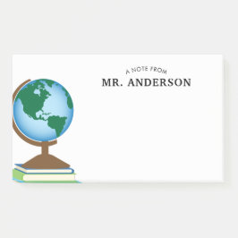 Weltkugel auf Stapel des Buch-personalisierten Post-it Klebezettel