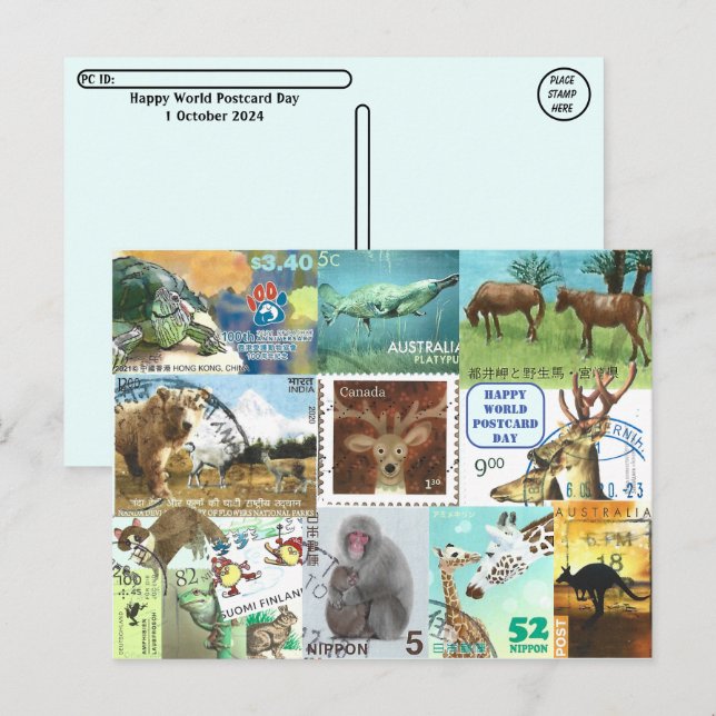 Weltpostkartentag - Briefmarke der Tierpost Postkarte (Vorne/Hinten)