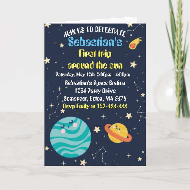 Weltraum 1. Geburtstag Party Erster Rundgang durch Einladung (Vorderseite)