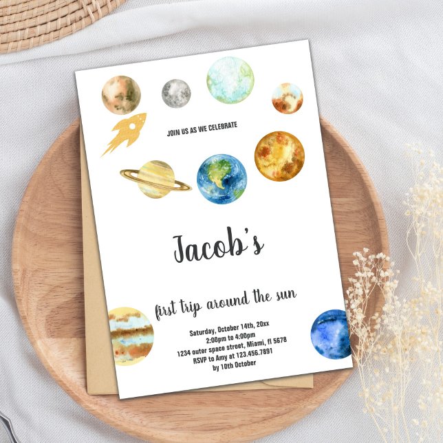 Weltraum 1. Geburtstag Thema Einladung (First Trip around the sun Birthday Invitations)