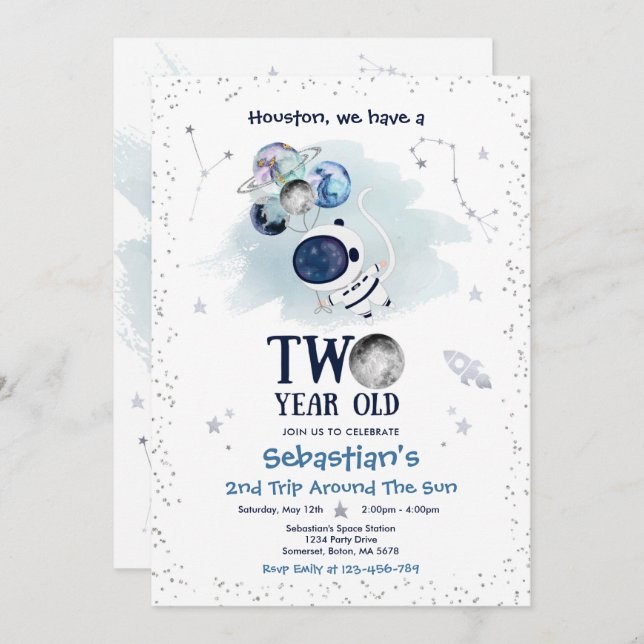 Weltraum 2. Geburtstag Party Astronautenrakete Einladung (Vorne/Hinten)