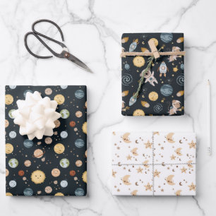 Weltraum-Abenteuer Lustige Kindergeburtstagsfeier Geschenkpapier Set