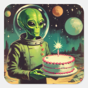 Weltraum-Alien mit Geburtstagstorte UFO fliegende Quadratischer Aufkleber