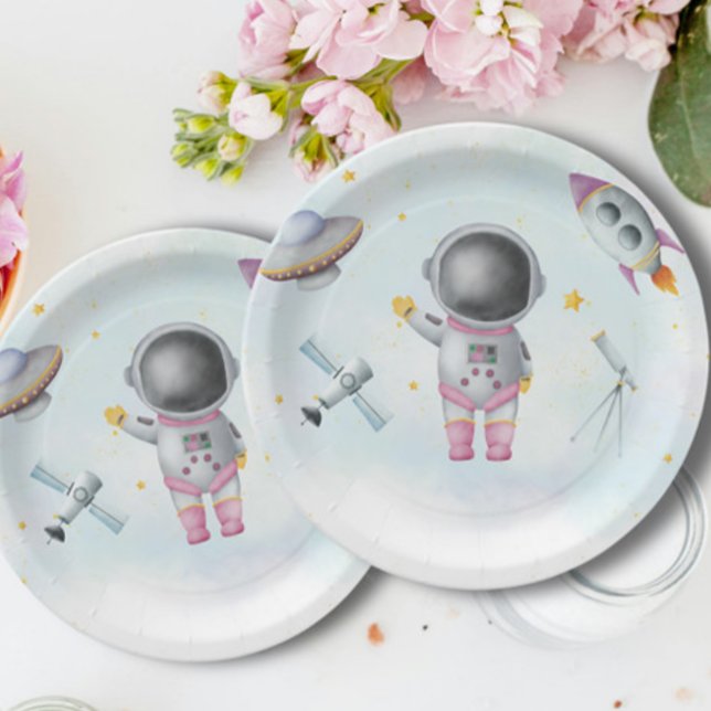 Weltraum Astronaut Girl rosa Raketensterne Babydus Pappteller (Von Creator hochgeladen)