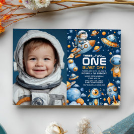Weltraum-Astronaut-Katze-Start zum 1. Geburtstagsf Einladung