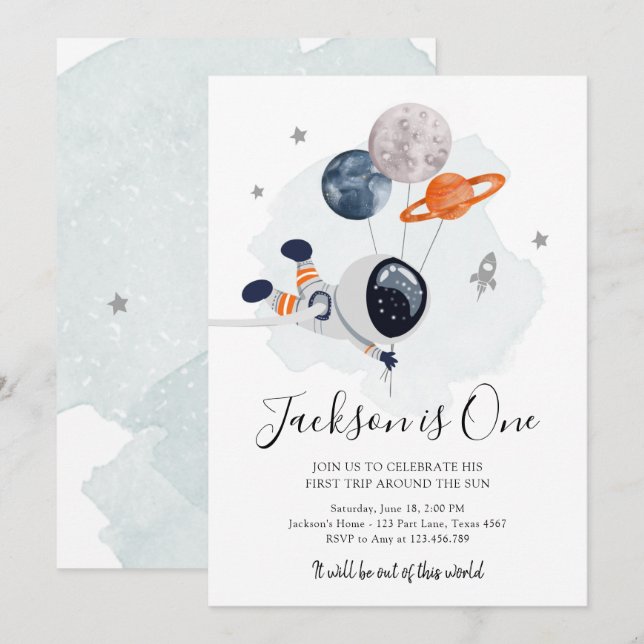Weltraum Astronaut Orange Boy Erster Geburtstag Einladung (Vorne/Hinten)