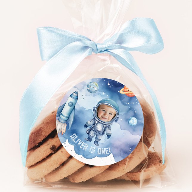 Weltraum-Astronauten Geburtstagsparty Foto Runder Aufkleber (Von Creator hochgeladen)