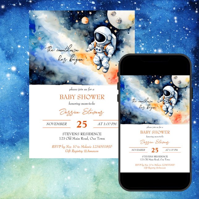 Weltraum-Astronautenduschanlage Einladung (Outer space astronaut baby shower editable template invitation digital download watercolor galaxy)