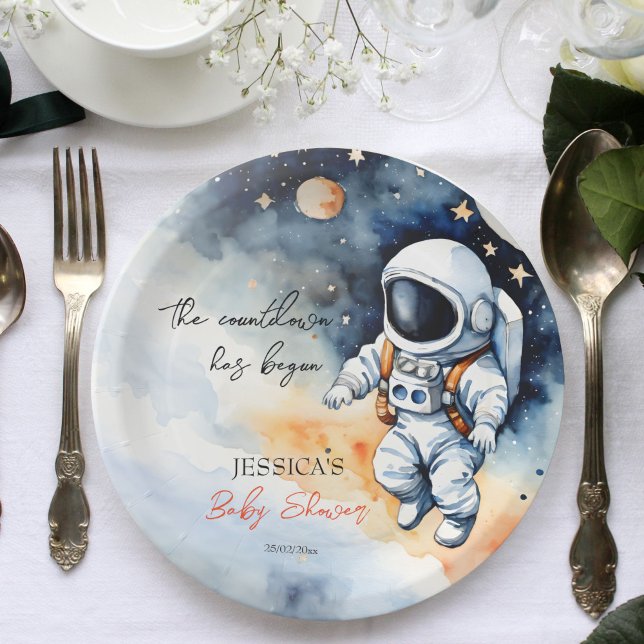 Weltraum-Astronautenduschanlage Pappteller (Outer space astronaut baby shower template paper plates personalized baby shower tableware)