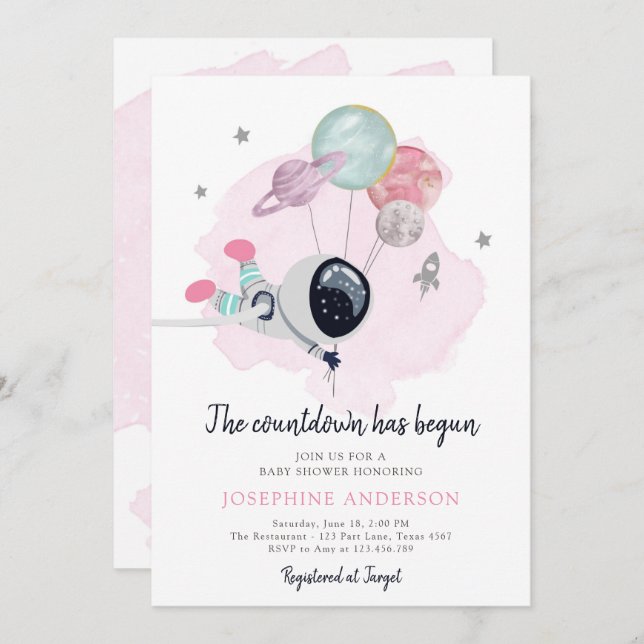 Weltraum-Astronautin Kinderdusche Einladung (Vorne/Hinten)