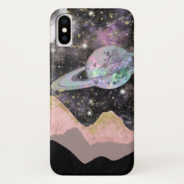Weltraum Berge Gold Sternenhimmel Galaxy Planets Case-Mate iPhone Hülle (Rückseite)