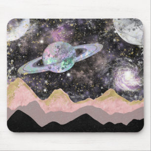 Weltraum Berge Gold Sternenhimmel Galaxy Planets Mousepad