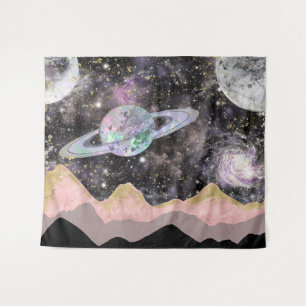 Weltraum Berge Gold Sternhimmel Galaxie Planeten Wandteppich