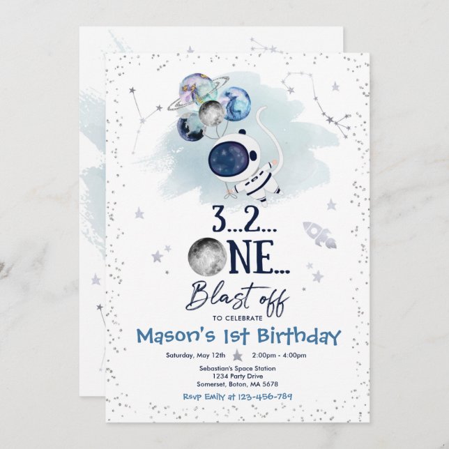 Weltraum-Birthday Party Planet Astronaut Rocket Einladung (Vorne/Hinten)