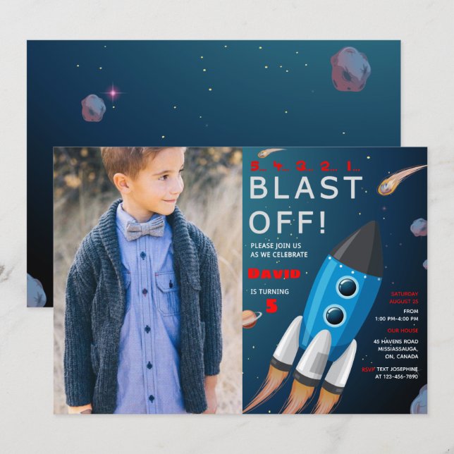 Weltraum Einladung zum Foto am Geburtstag (Vorne/Hinten)