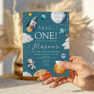 Weltraum Erste Geburtstagsrakete Aquamarin Blue Einladung