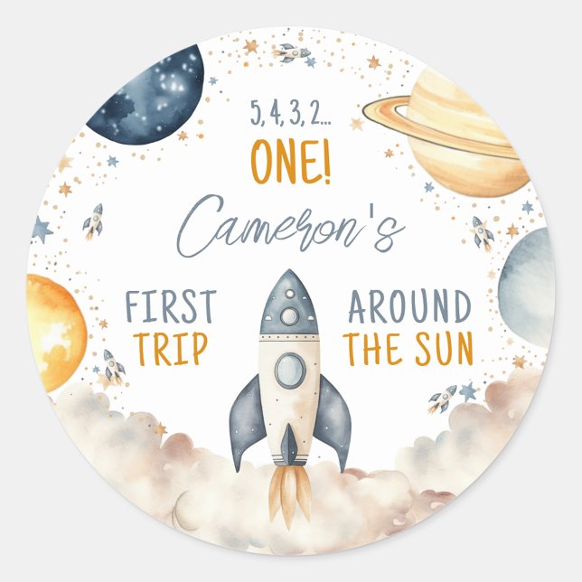 Weltraum Erster Ausflug um den Sun Boy zum Geburts Runder Aufkleber (Space First Birthday Sticker)