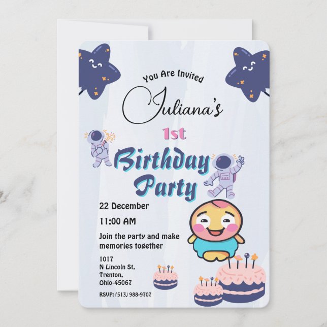 Weltraum Explorer Geburtstag - Astronauten und Ste Einladung (Vorderseite)