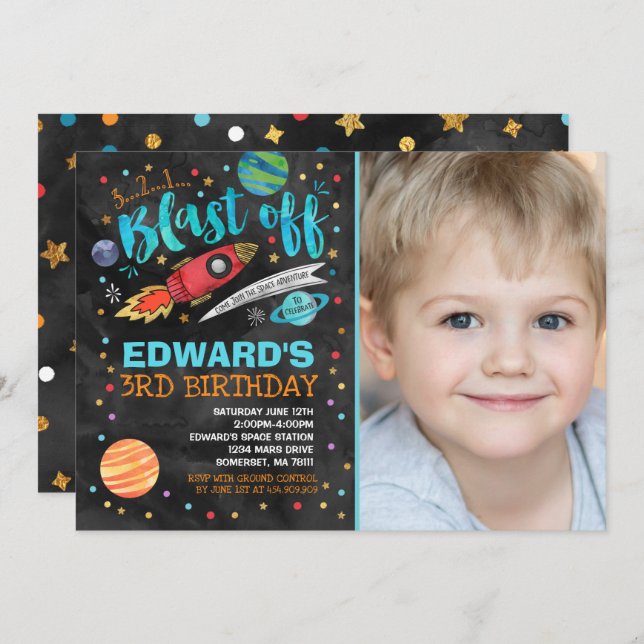 Weltraum-Geburtstag Einladung Weltraum-Party (Vorne/Hinten)