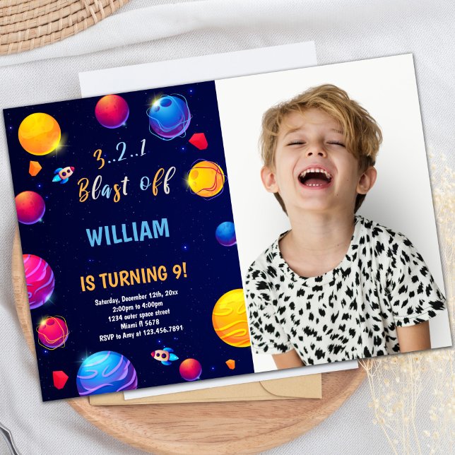 Weltraum Geburtstagseinladung mit Foto Einladung (Orange Planet Outer Space Birthday Invitations pho)