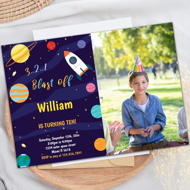 Weltraum Geburtstagseinladung mit Foto Einladung (White Rocket Outer Space Birthday Invitations phot)