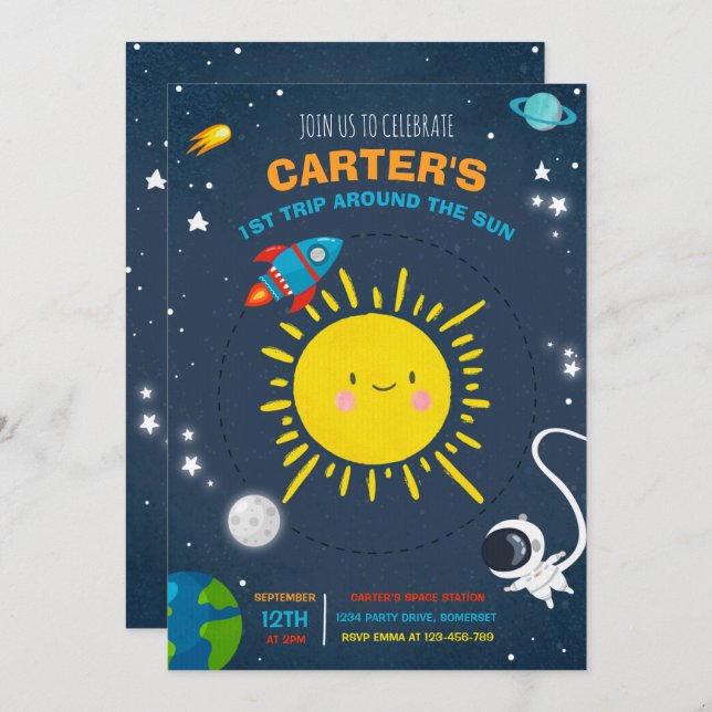 Weltraum-Geburtstagsparty Astronauten-Rakete-Party Einladung (Vorne/Hinten)