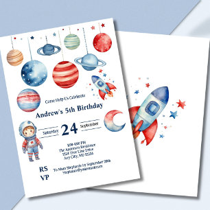 Weltraum Kinder Astronaut Planeten Rot Blau Junge Einladung