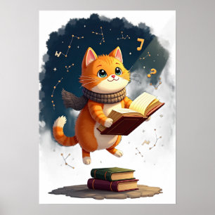 Weltraum-Lesekatze Cosmic Bookworm Cat Reading in Poster