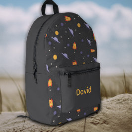 Weltraum-Muster lila orange grau Name Bedruckter Rucksack