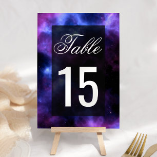 Weltraum-Nebel-Lila-Galaxie-Hochzeit Tischnummer