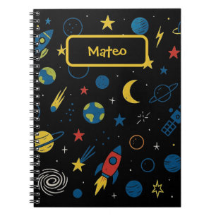 Weltraum-Notizbuch mit Raketen- und Galaxien-Gekri Notizblock