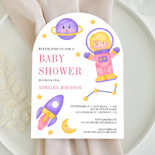 Weltraum Pinke Mädchen Astronautin Bogen Babyparty Einladung