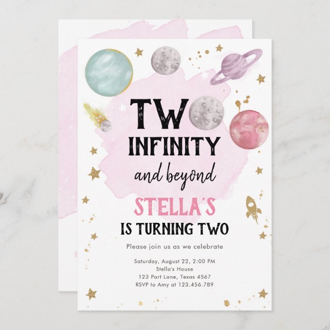 Weltraum-Planet-Girl zum zweiten Geburtstag Einlad Einladung (Vorne/Hinten)