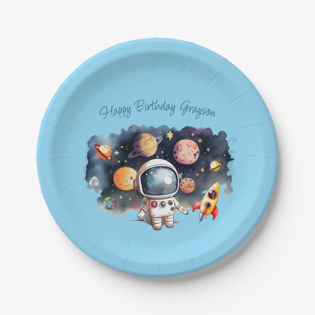 Weltraum Planeten Blue Birthday Pappteller (Vorderseite)