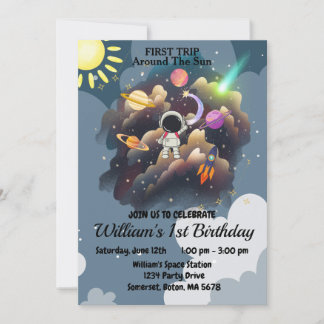 Weltraum Planeten Blue First Birthday Einladung