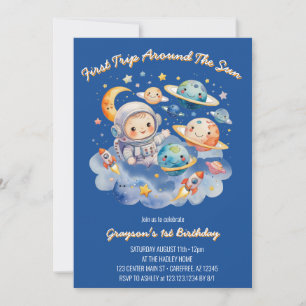 Weltraum Planeten Blue First Birthday Einladung