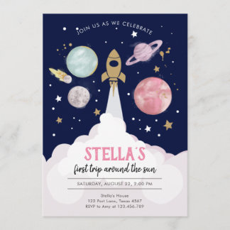 Weltraum-Planeten Girl Erster Geburtstag Einladung