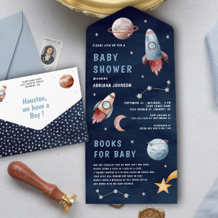 Weltraum-Planeten-Raketen-Marineblaue-Baby-Party All In One Einladung