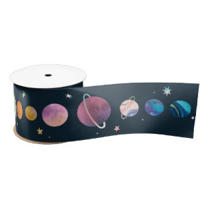 Weltraum Planeten Sterne Mond Galaxie Wasserfarbe Satinband