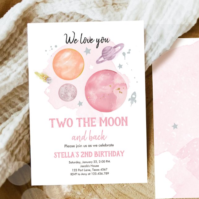Weltraum-Planeten zwei der Mond-Mädchen Geburtstag Einladung (Von Creator hochgeladen)