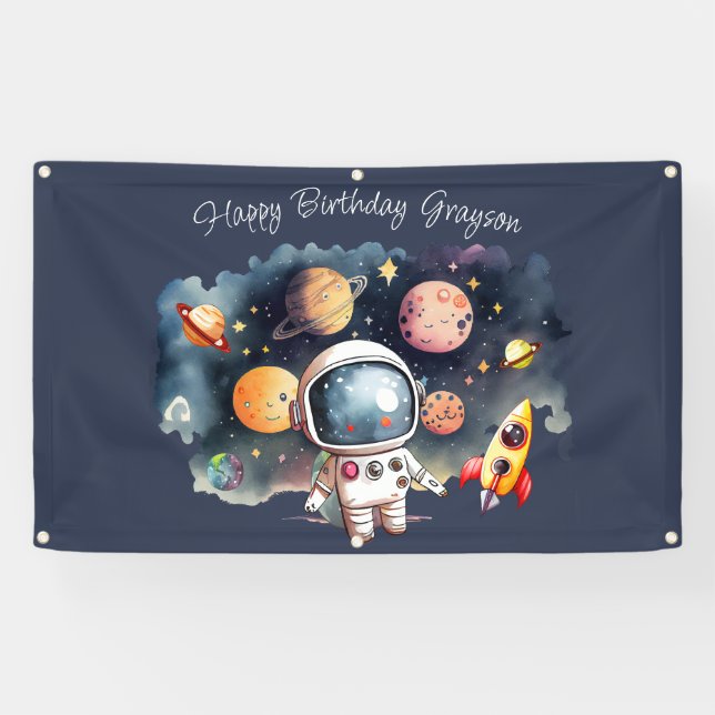 Weltraum Planets Blue Happy Birthday Banner (Horizontal)