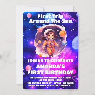 Weltraum Planets Pink Girl Erster Geburtstag Einladung