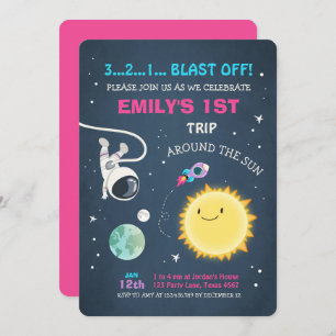 Weltraum-Rosa-Mädchen 1. Geburtstag Einladung