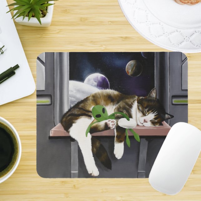 Weltraum-Schiff Tabby-Katze grüner Alien-Plüsch Sc Mousepad (Von Creator hochgeladen)