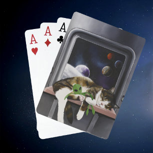 Weltraum-Schiff Tabby-Katze grüner Alien-Plüsch Sc Spielkarten