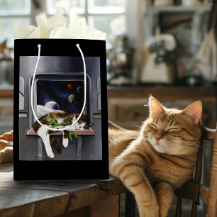 Weltraum-Tabby-Katze grüner Alien-Plüsch Sci-Fi Mittlere Geschenktüte