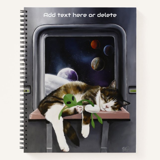 Weltraum-Tabby-Katze grüner Alien-Plüsch Sci-Fi Notizbuch (Vorderseite)
