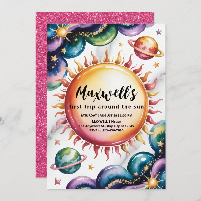 Weltraum Thema 1. Geburtstag Party Einladung (Vorne/Hinten)